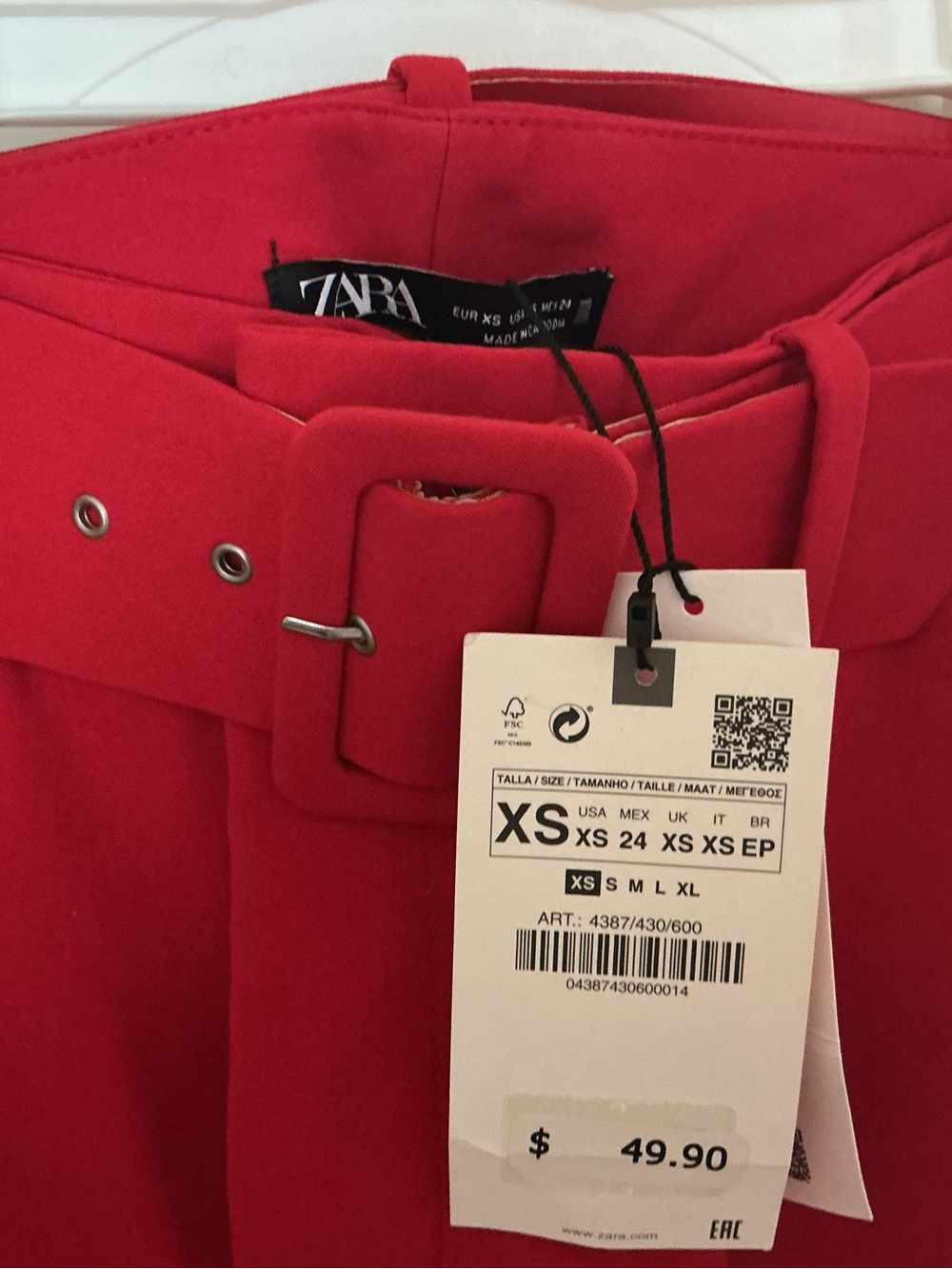 Zara Red Ankle Straight Belted Trousers